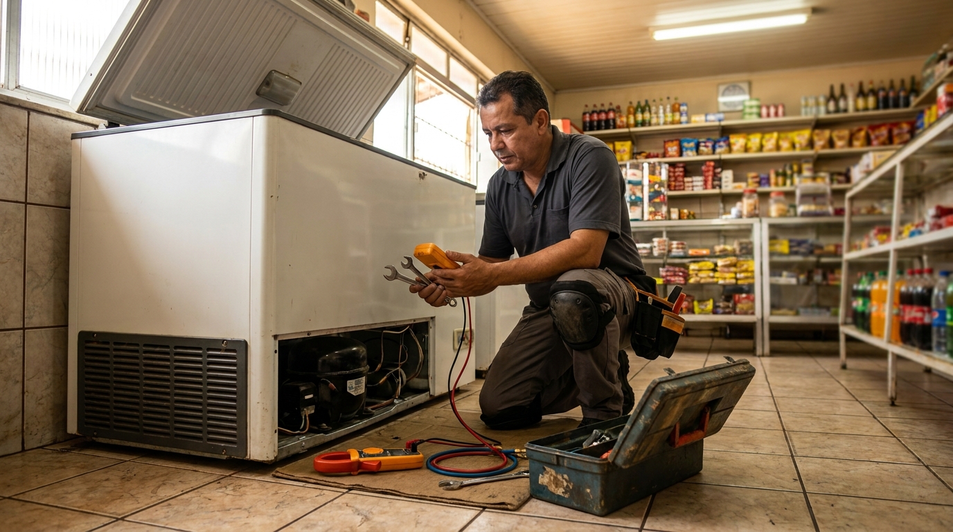 Profissional executando manutenção no motor de freezer em Manaus‑AM