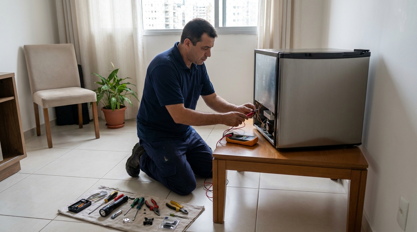 Técnico fazendo manutenção do motor de frigobar em Manaus‑AM