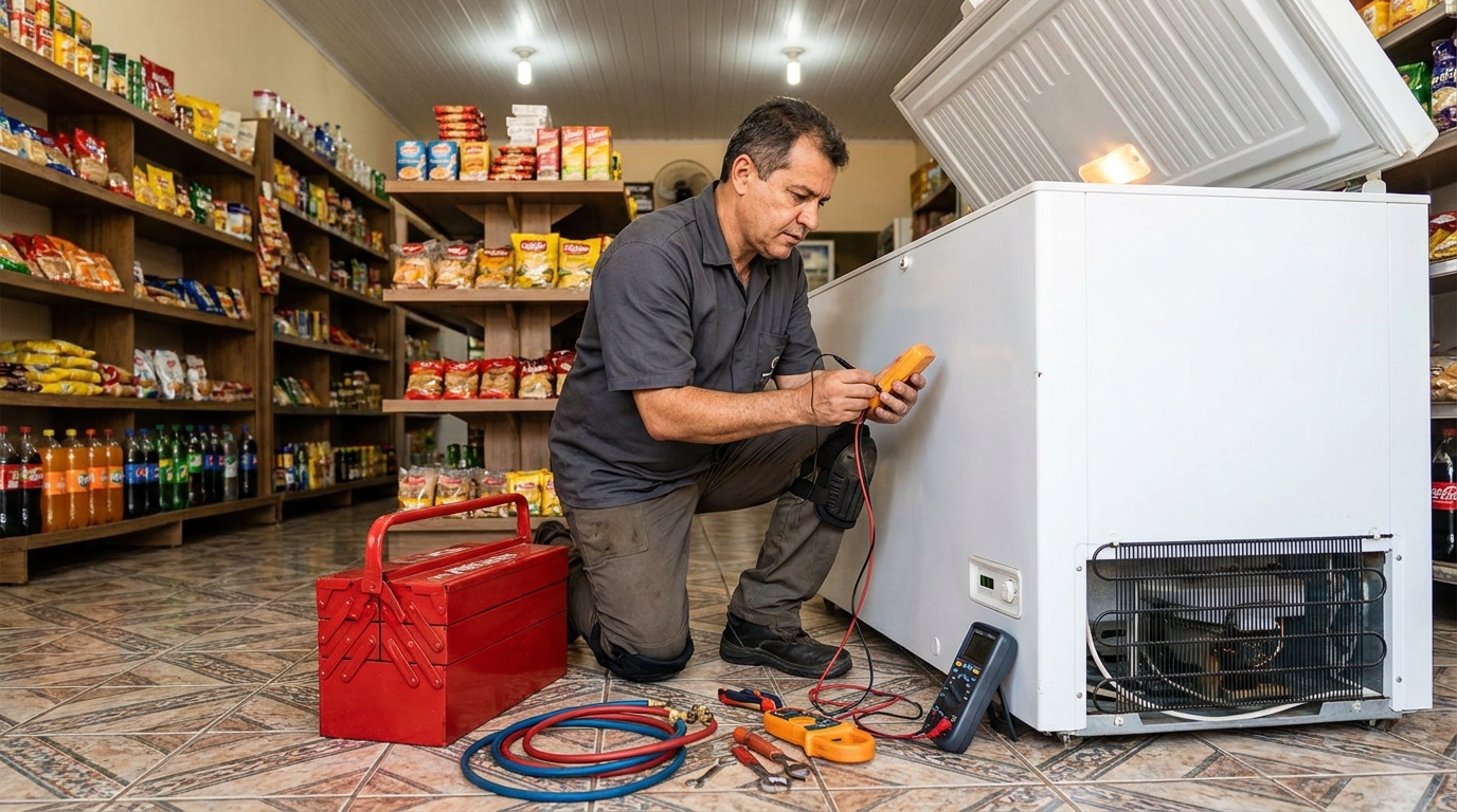 Recarga de gás refrigerante no freezer durante atendimento em Manaus‑AM
