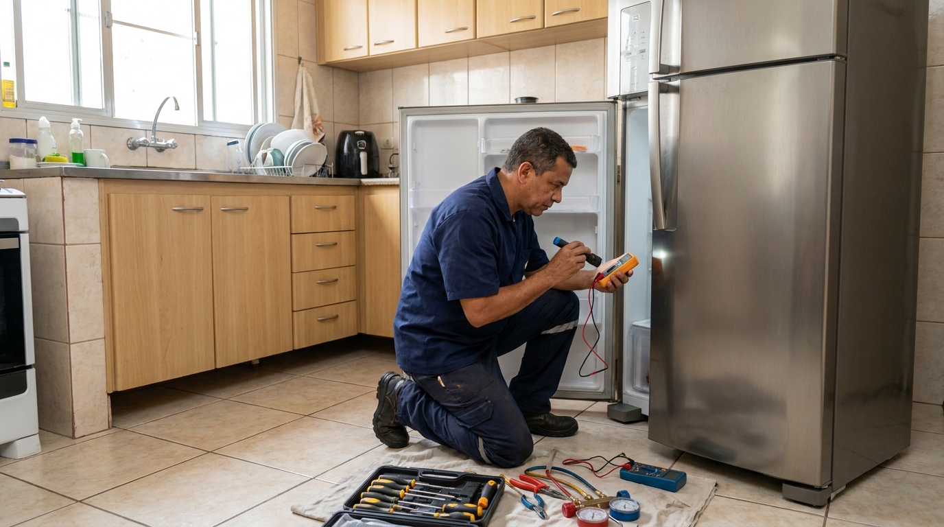 Técnico aplicando recarga de gás refrigerante em geladeira em Manaus‑AM